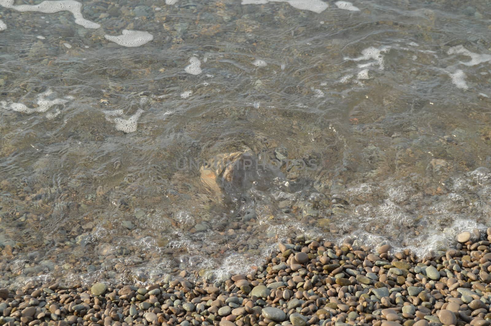 Sea wave on the shore of a pebble beach, water, foam, background.