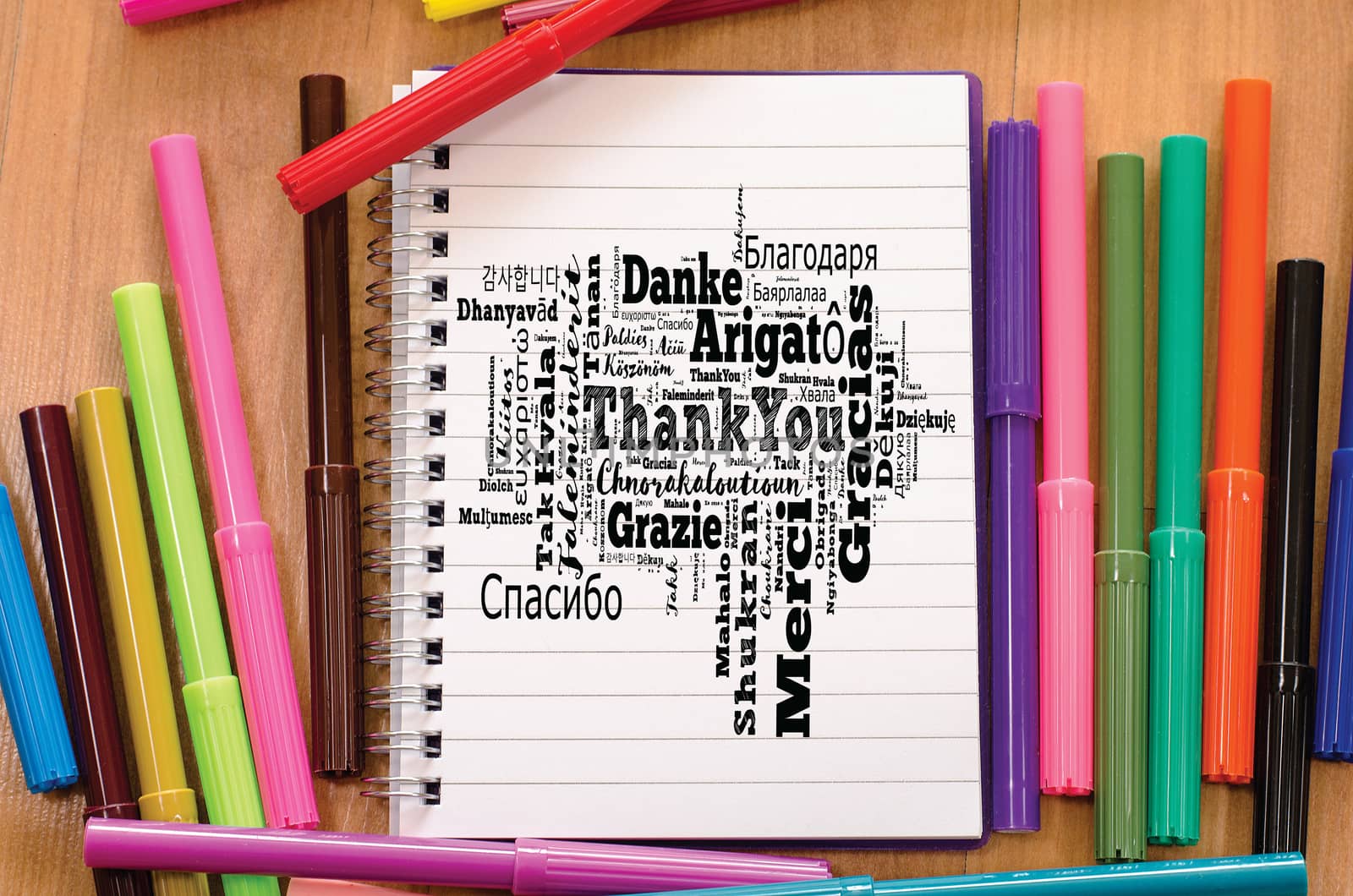 Thank You word cloud in different languages over notepad background