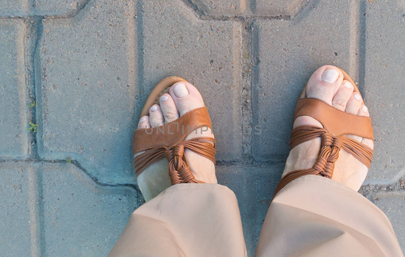 Top view of woman legs in sandals, the concept of travel and tourism.