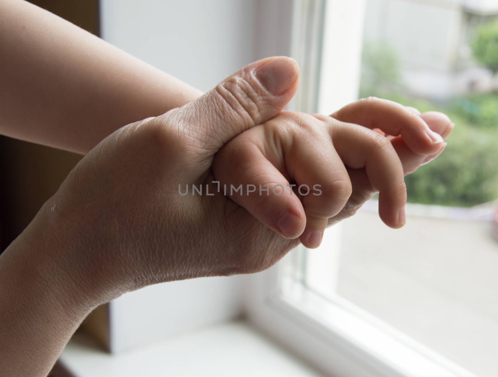 concept of a happy family - an adult holds the hand of a baby by claire_lucia