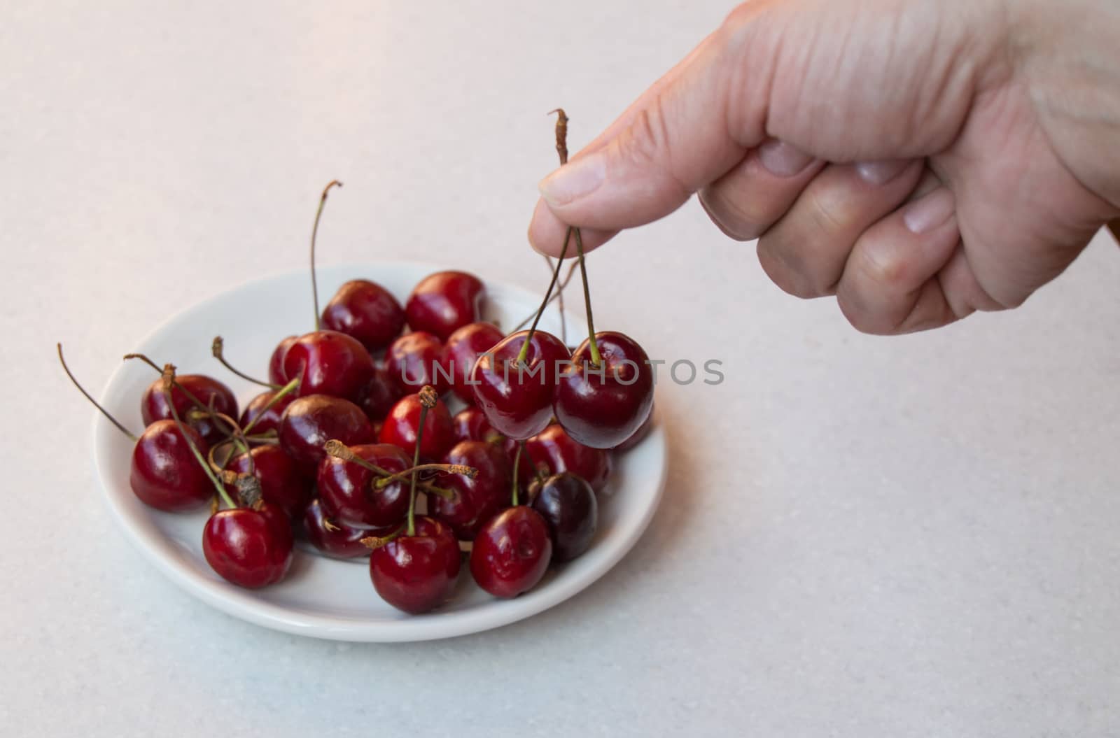 Sweet cherry in the hand and on a white plate, selective focus on the berries.