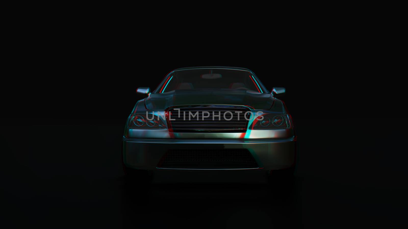 Modern sedan car on the dark background. 3d illustration. 3d anaglyph effect