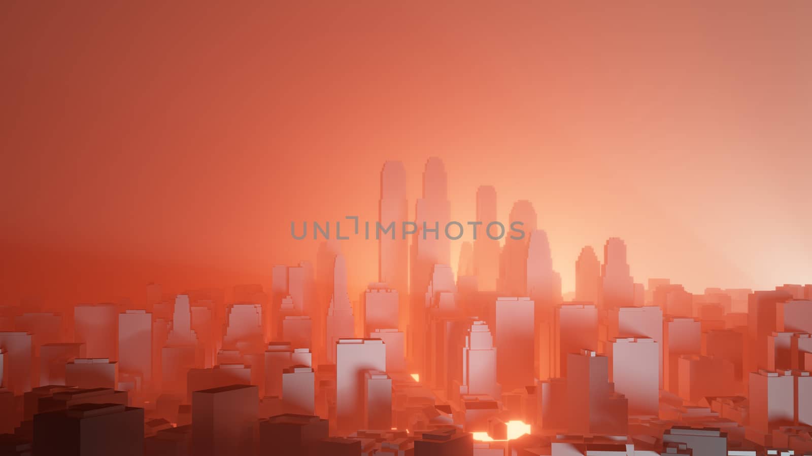 City in red fog. Atmospheric emissions or explosion. 3D illustration. Concept of air pollution or military action