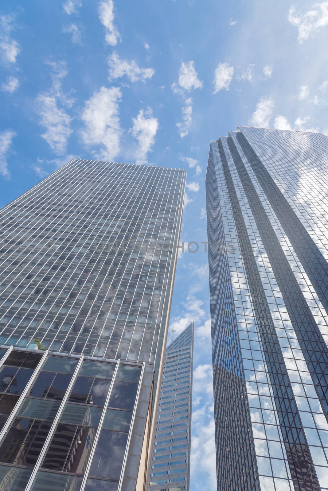 Low perspective angle view of Dallas skylines with cloud blue sky by trongnguyen