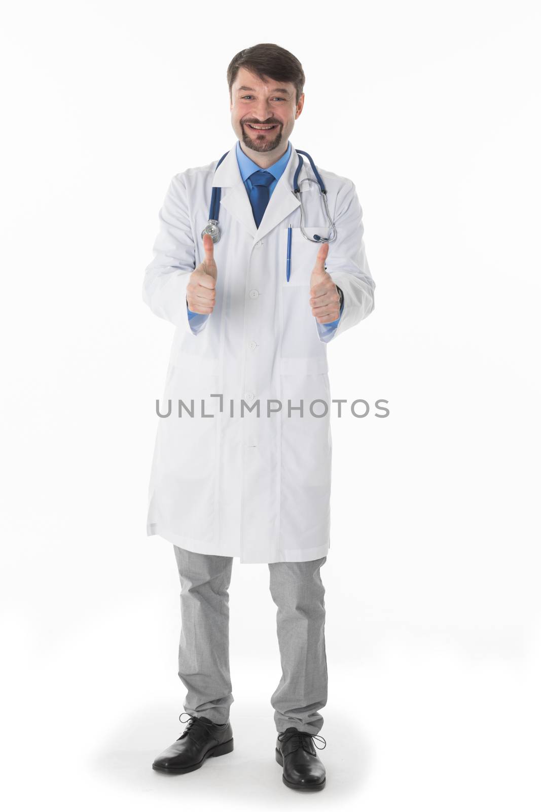 healthcare, profession, people and medicine concept - smiling male doctor in white coat showing thumbs up studio isolated on white