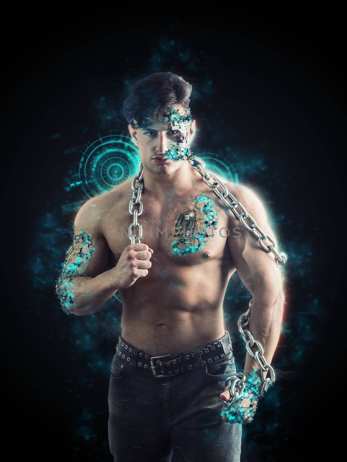Close up Attractive Bare Muscled Man with Robotic Skin Art Looking at the Camera on Black Background.