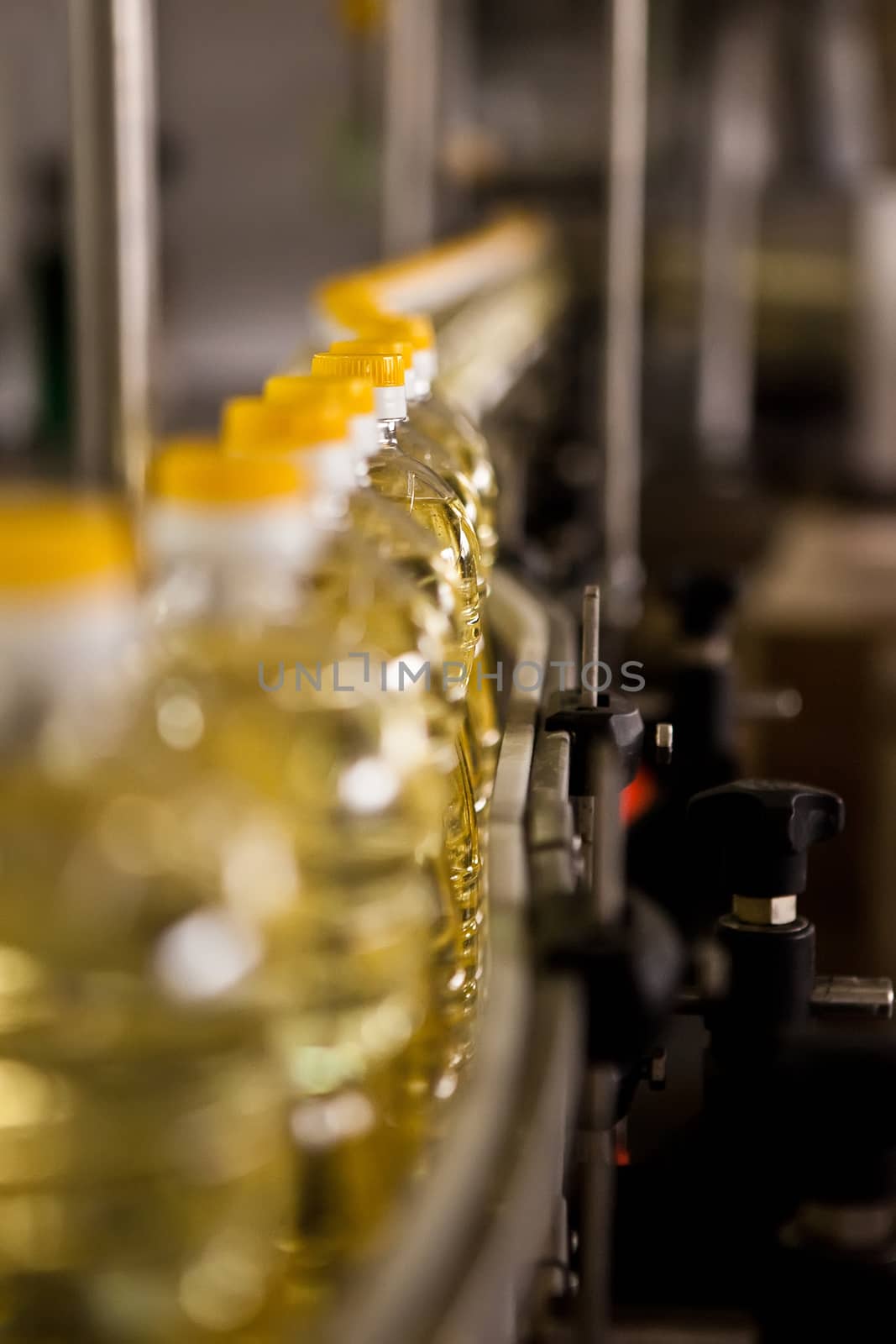 Sunflower oil in the bottle moving on production line. Shallow dof. by sarymsakov