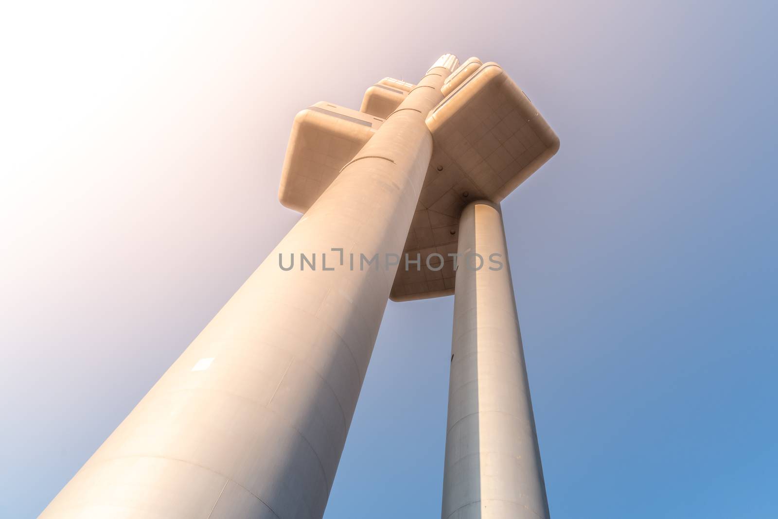 Zizkov Television Tower in Prague, Czech Republic. Bottom view.