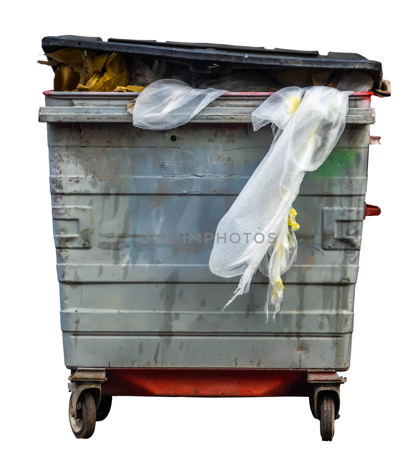 Isolated Grungy Wheelie Recycling Or Trash Can (Bin) On A White Background