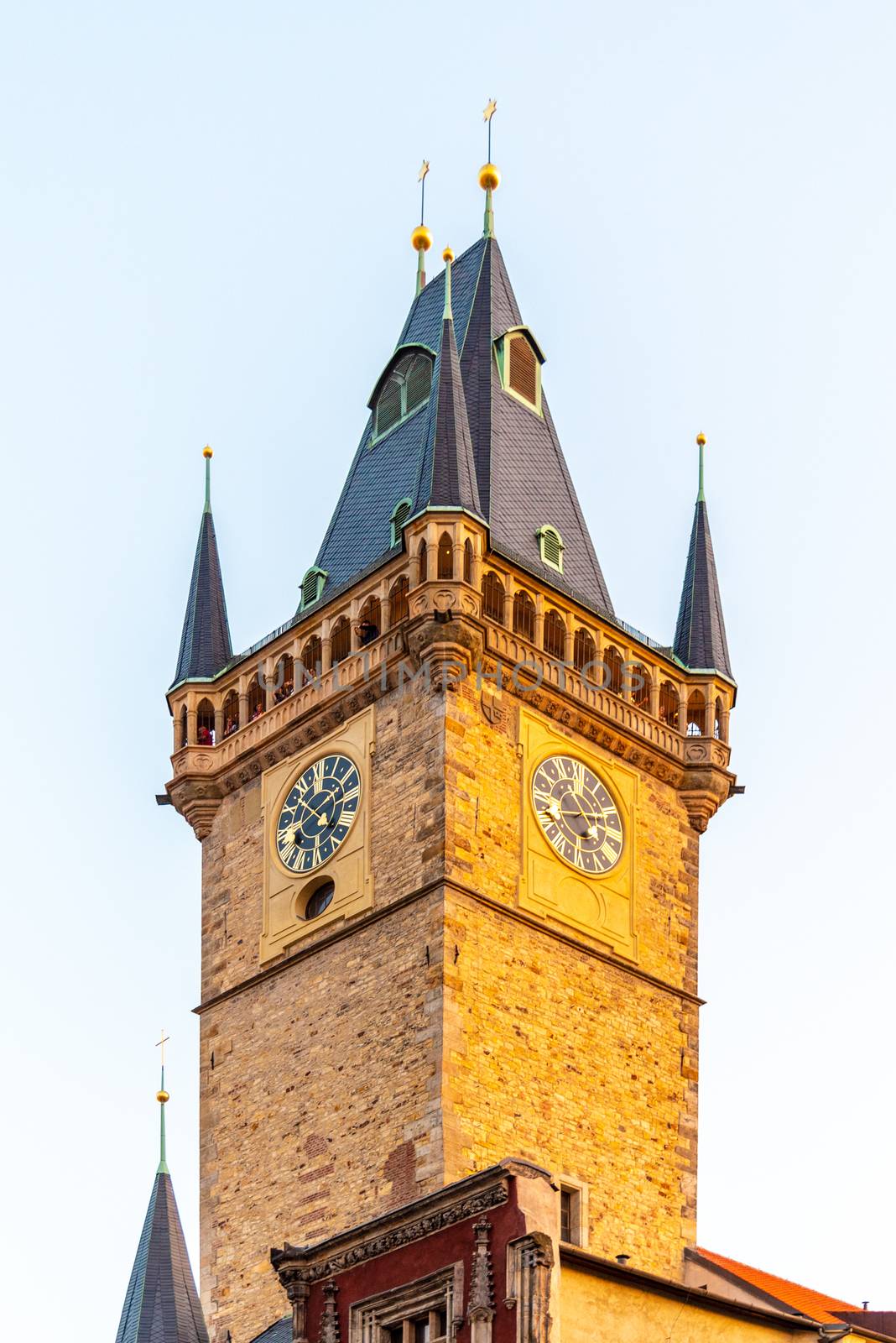 Detailed view of Old Town Hall Tower, Old Town Square, Prague, Czech Republic.