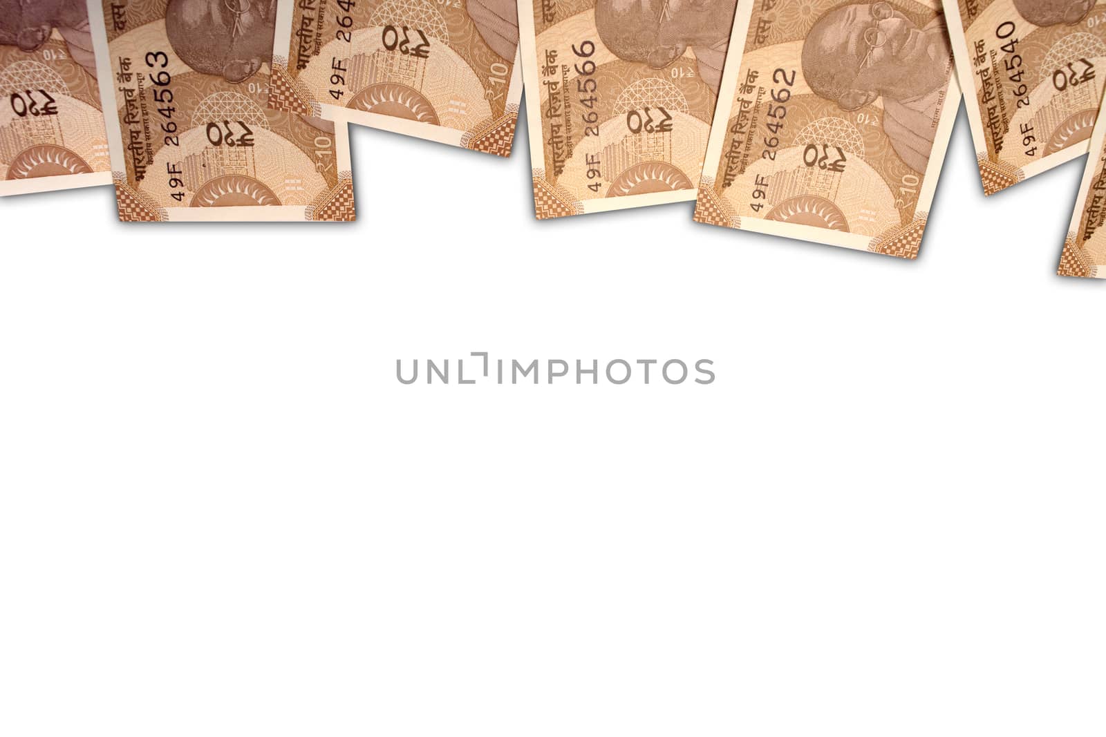 New Indian 10 rupee notes on white isolated background