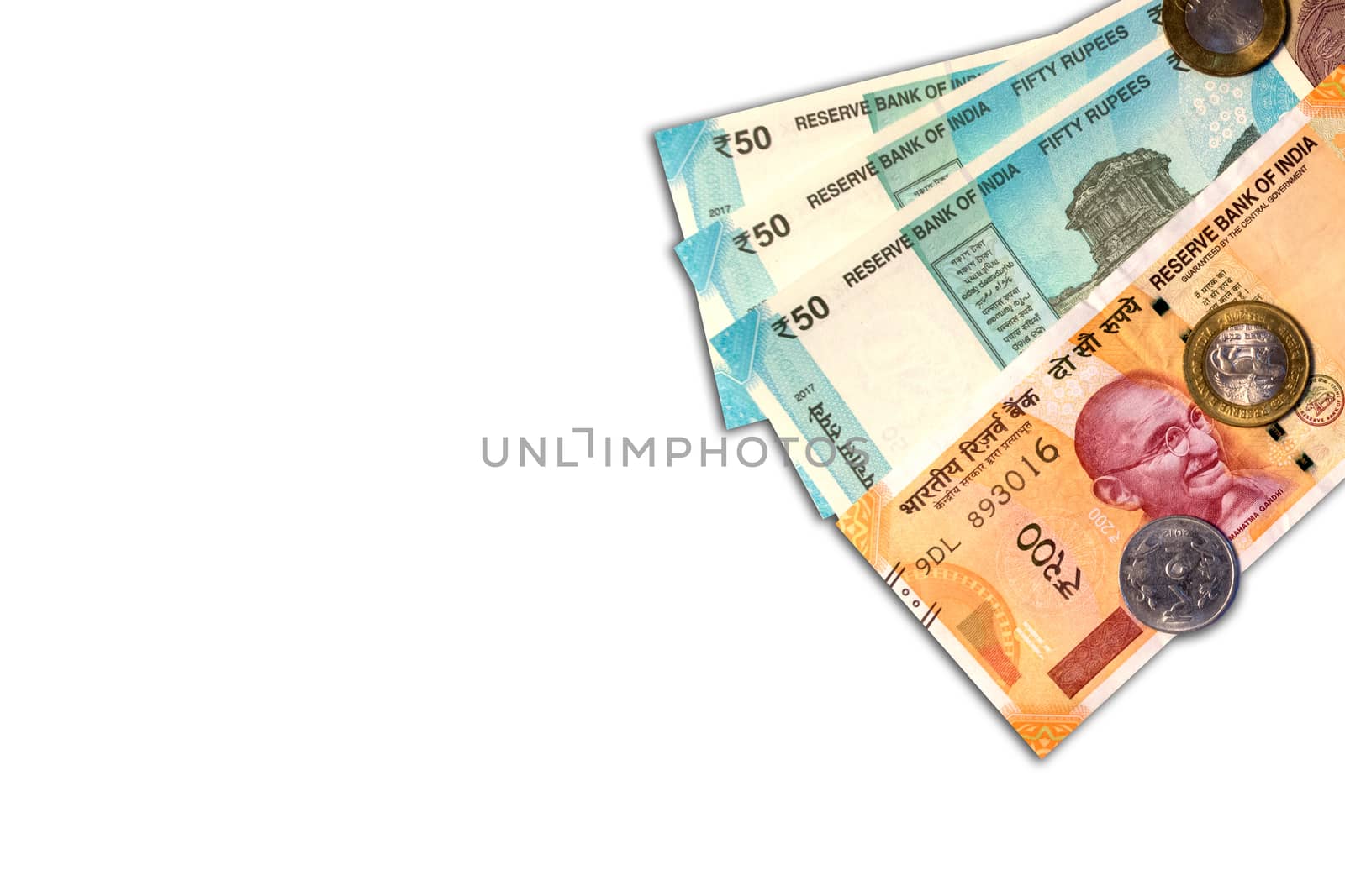 New Indian 50 and 10 rupees with 10 rupees coin on white isolated background. by lakshmiprasad.maski@gmai.com