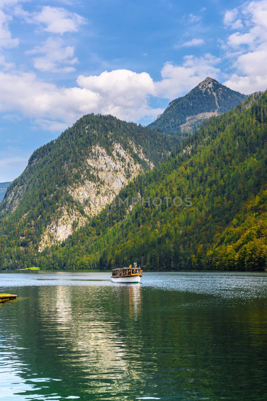 Electric boat in Koenigssee, Konigsee, Berchtesgaden National Park, Bavaria Germany