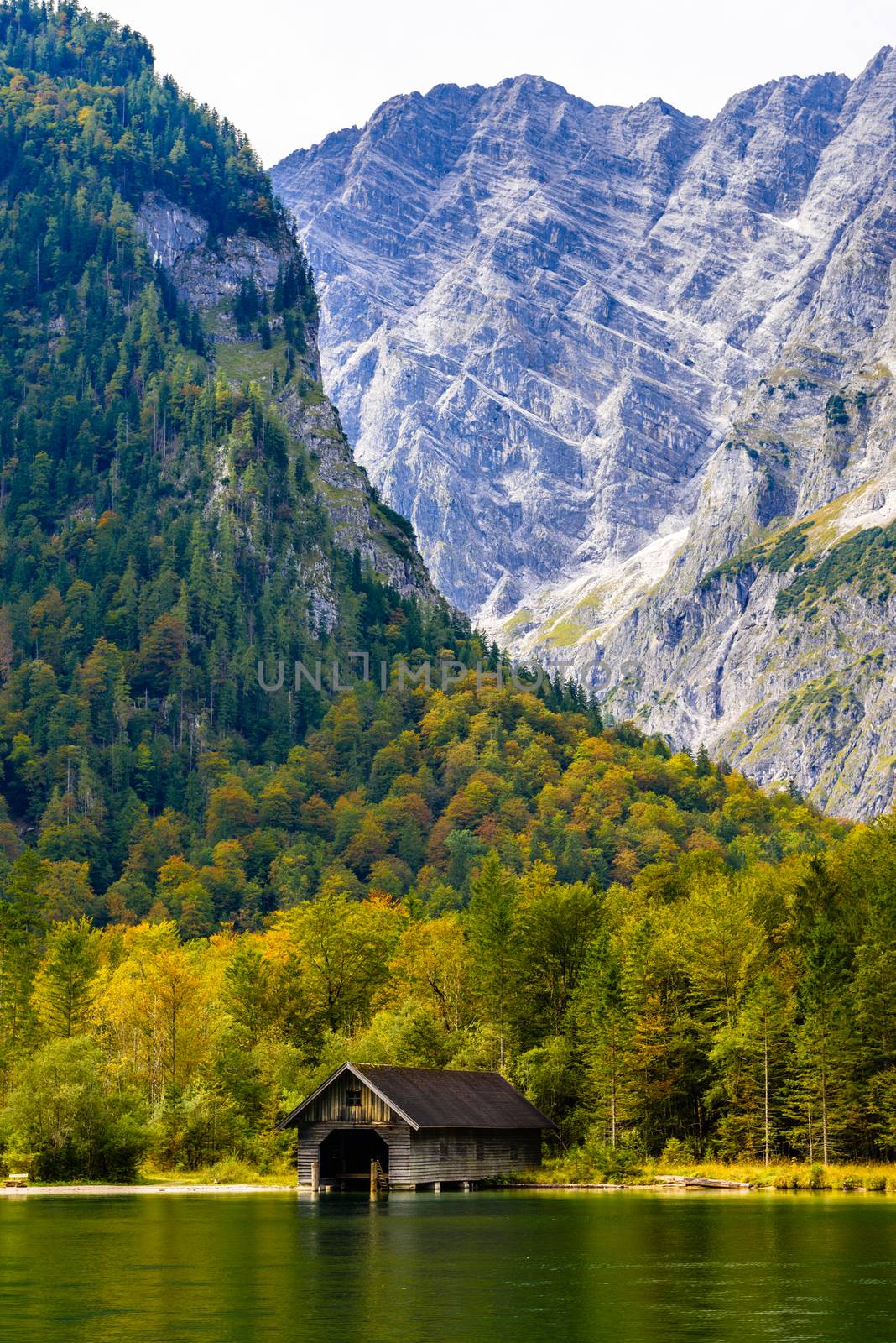 Wooden old fish house on the lake Koenigssee in Konigsee, Berchtesgaden National Park, Bavaria, Germany.