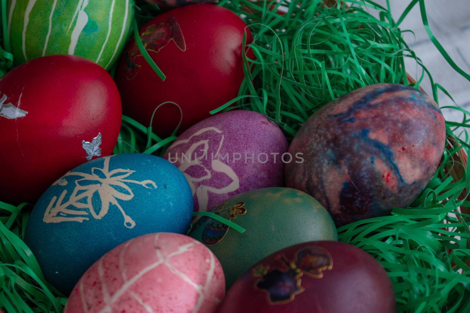 Easter eggs in the small basket. Ortodox easter