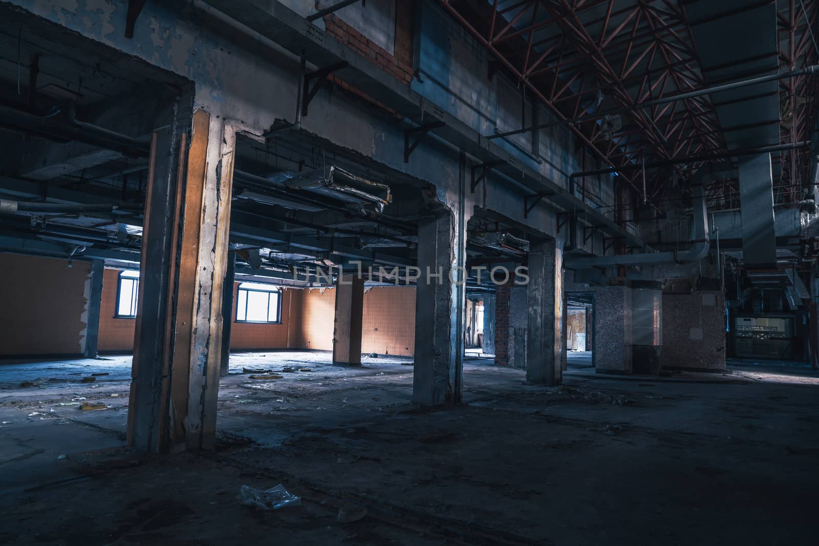 The abandoned industrial building. Fantasy interior scene. by vinkfan