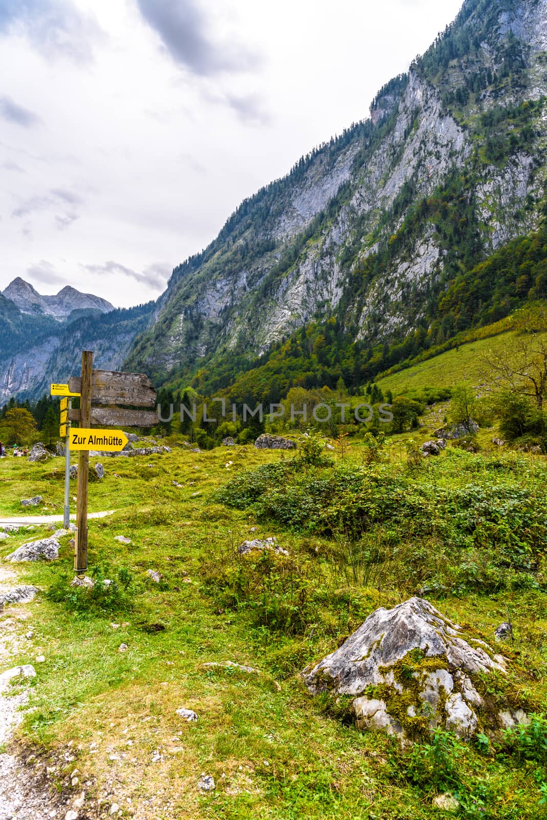 Signpost pointer in mountains Koenigssee, Konigsee, Berchtesgaden National Park, Bavaria, Germany