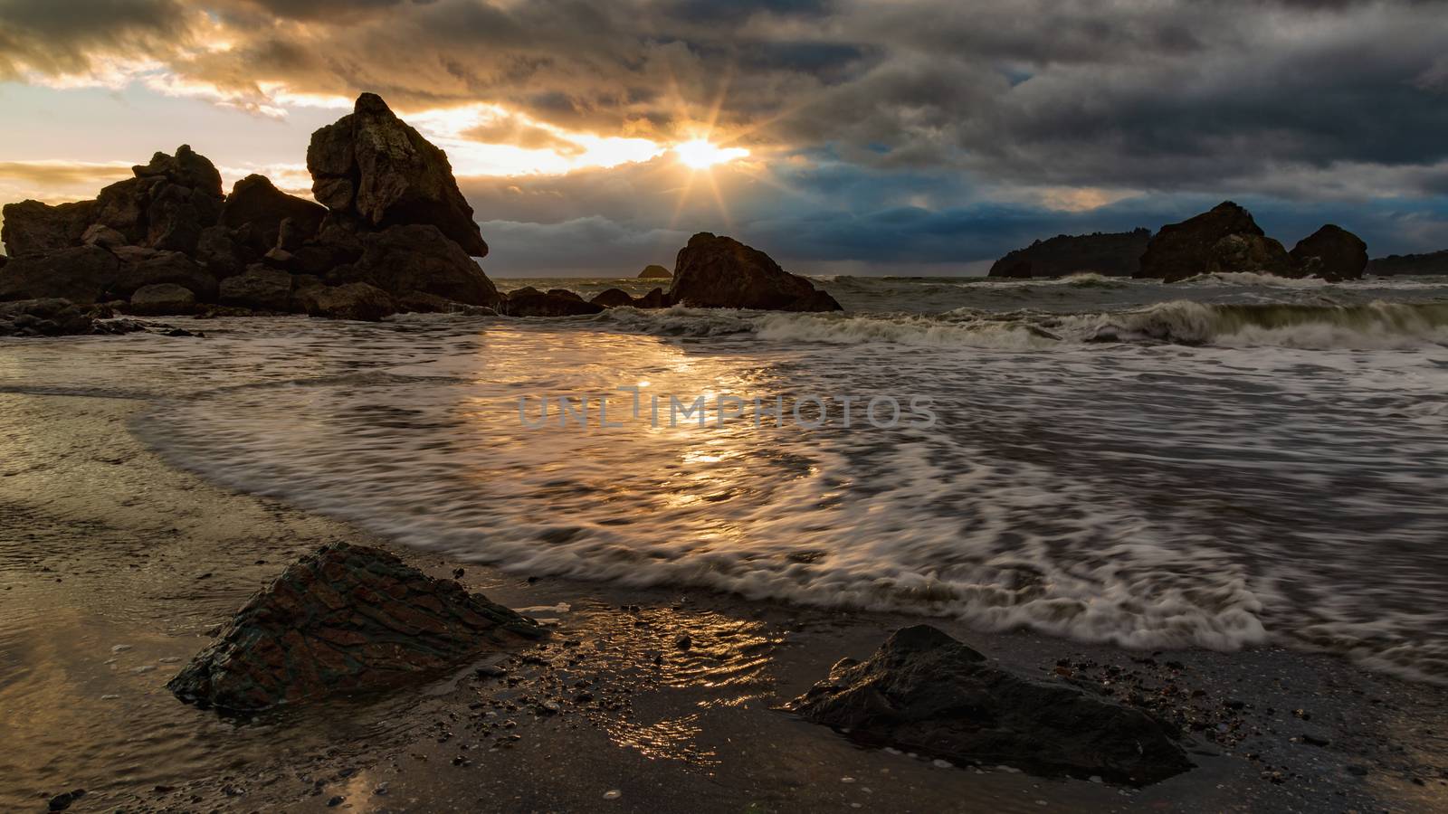 Rocky Beach Landscape at Sunset, Color Image, Day