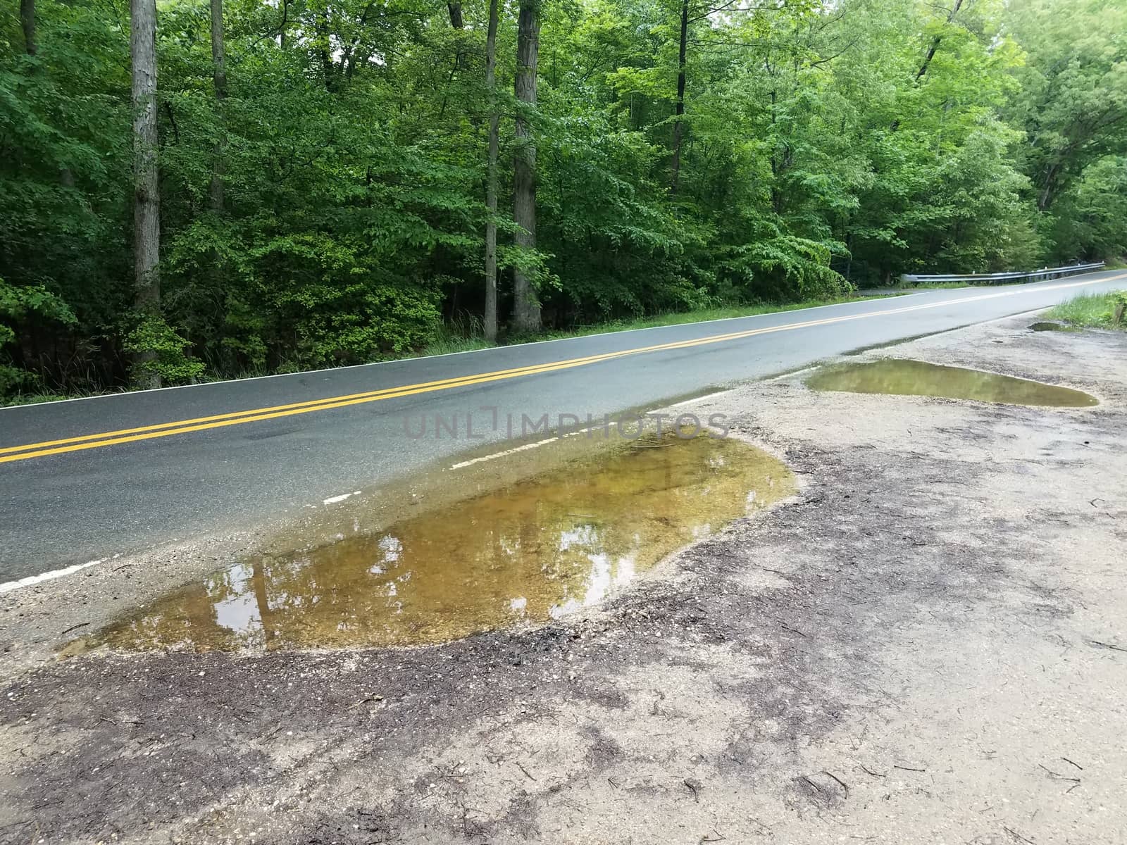 asphalt road and side of road with large water puddles by stockphotofan1