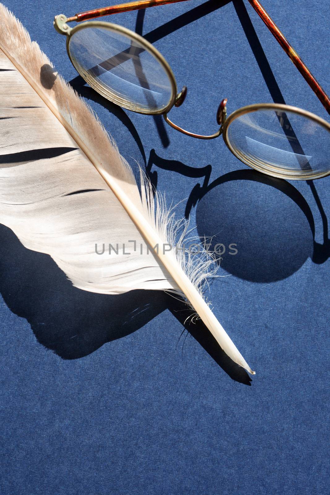 Old spectacles with shadow near feather against sun light