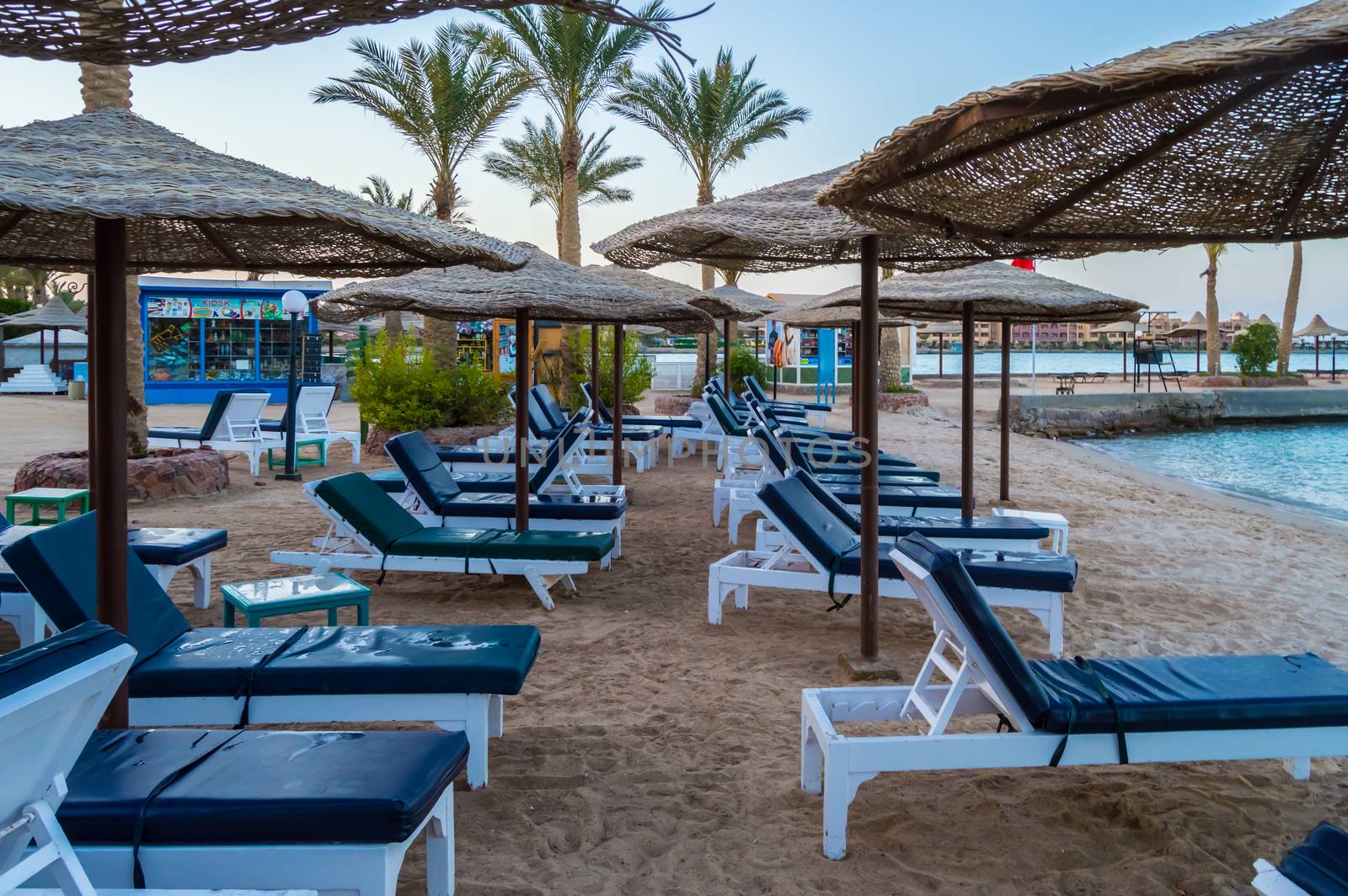 Rows of sunbeds and umbrellas on a beach in the city of Hurghada in Egypt