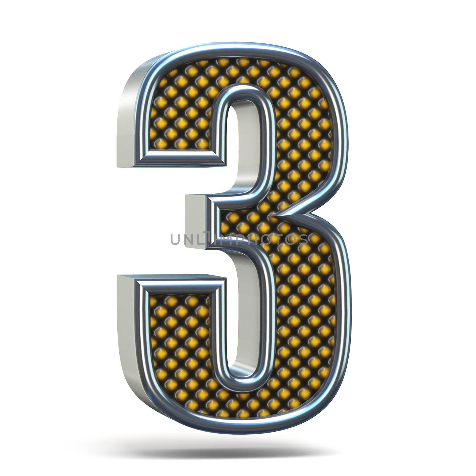 Chrome metal orange dotted font Number THREE 3 3D render illustration isolated on white background