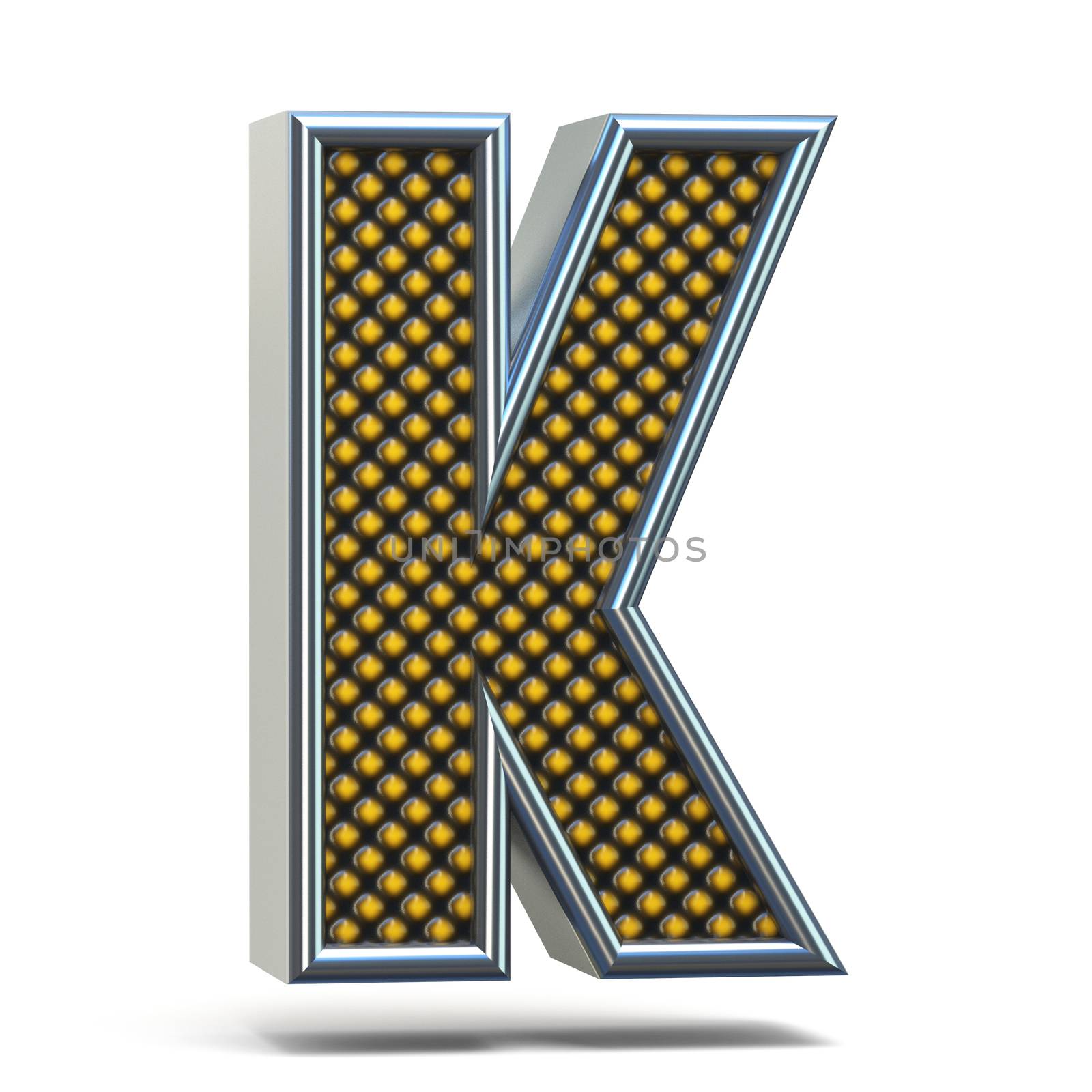 Chrome metal orange dotted font Letter K 3D render illustration isolated on white background