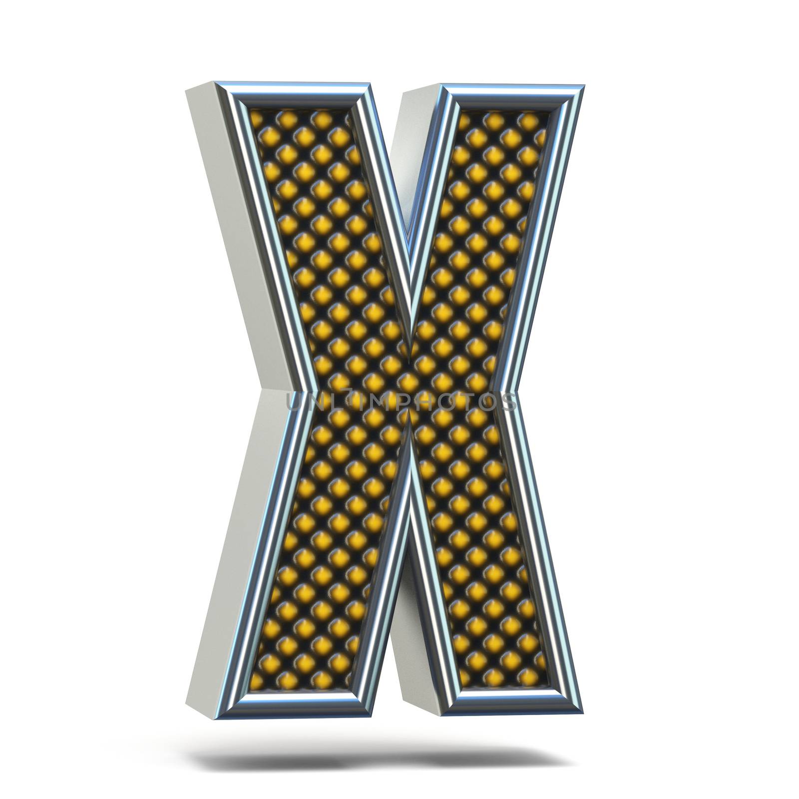 Chrome metal orange dotted font Letter X 3D render illustration isolated on white background