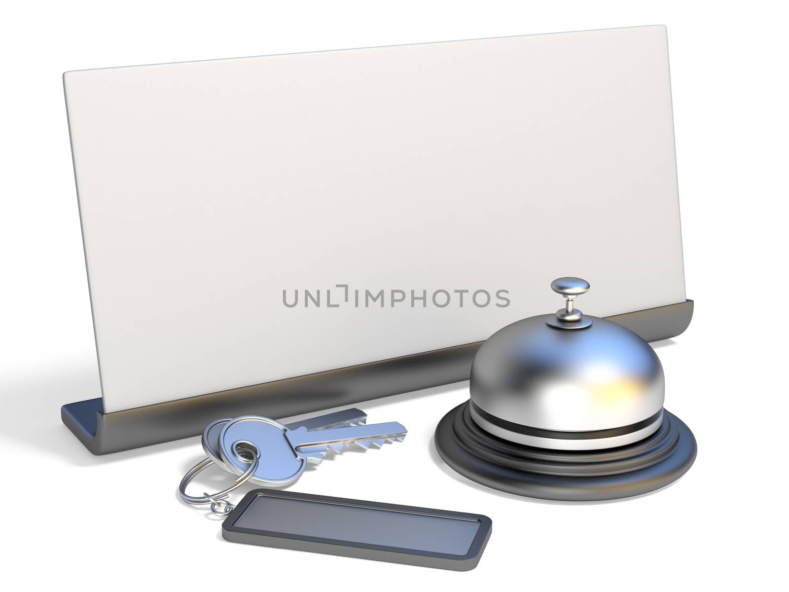 Hotel bell, blank sign and hotel keys 3D render illustration isolated on white background