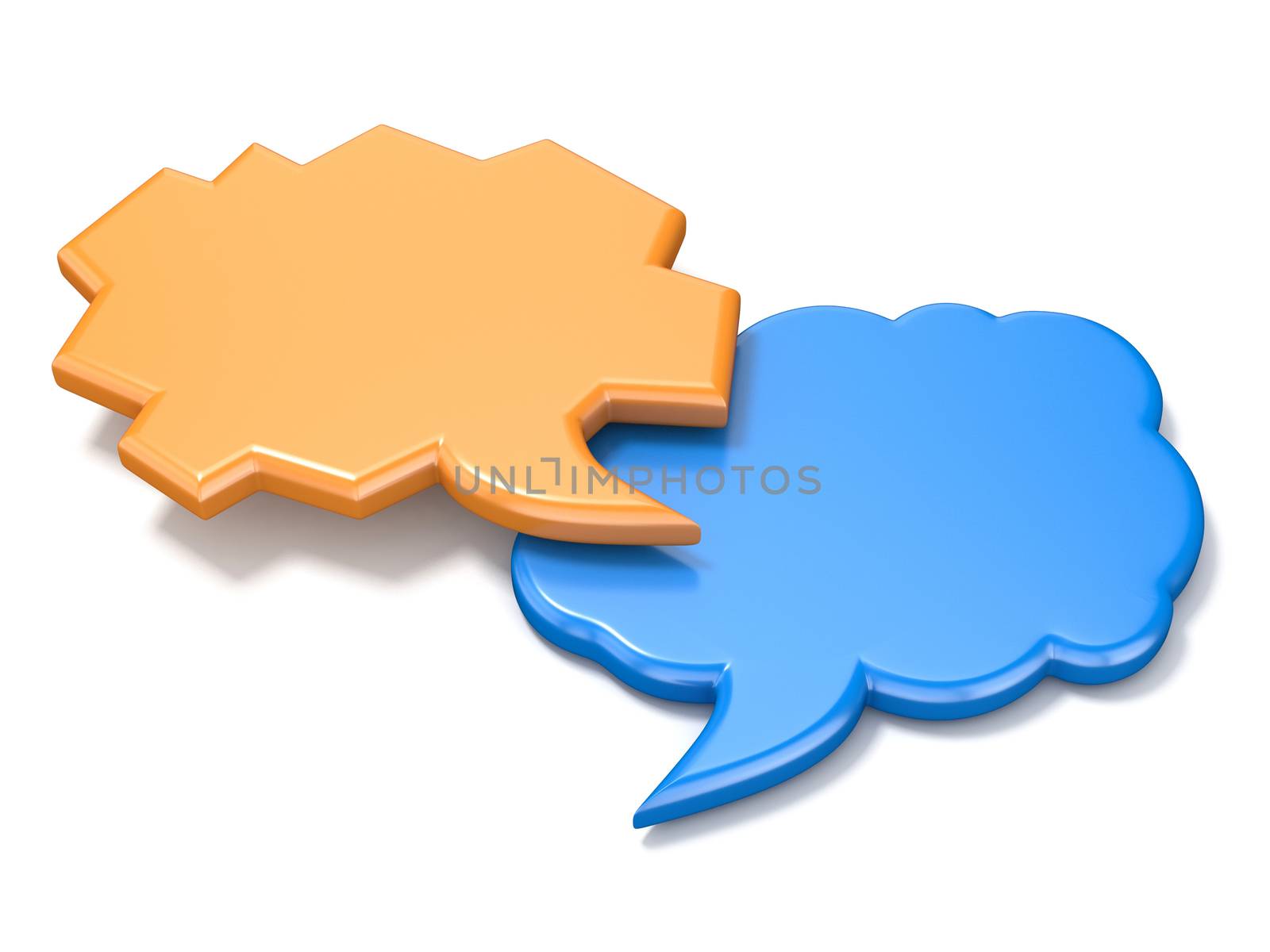 Orange and blue irregular shape blank speech bubbles 3D illustration isolated on white background