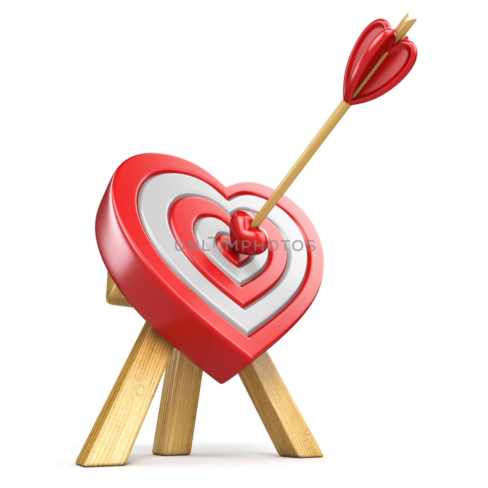 Heart shaped target with the arrow in the center 3D render illustration isolated on white background