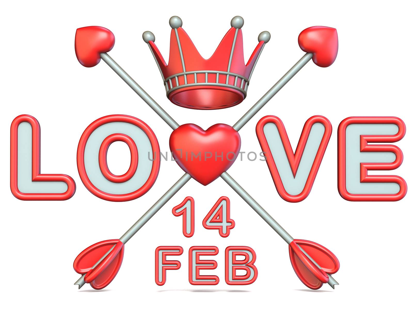 Love text with crossed Cupid's arrows and Valentine's day date 3D render illustration isolated on white background
