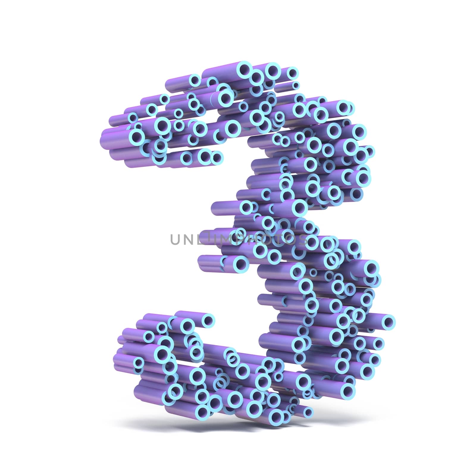 Purple blue font made of tubes NUMBER THREE 3 3D render illustration isolated on white background