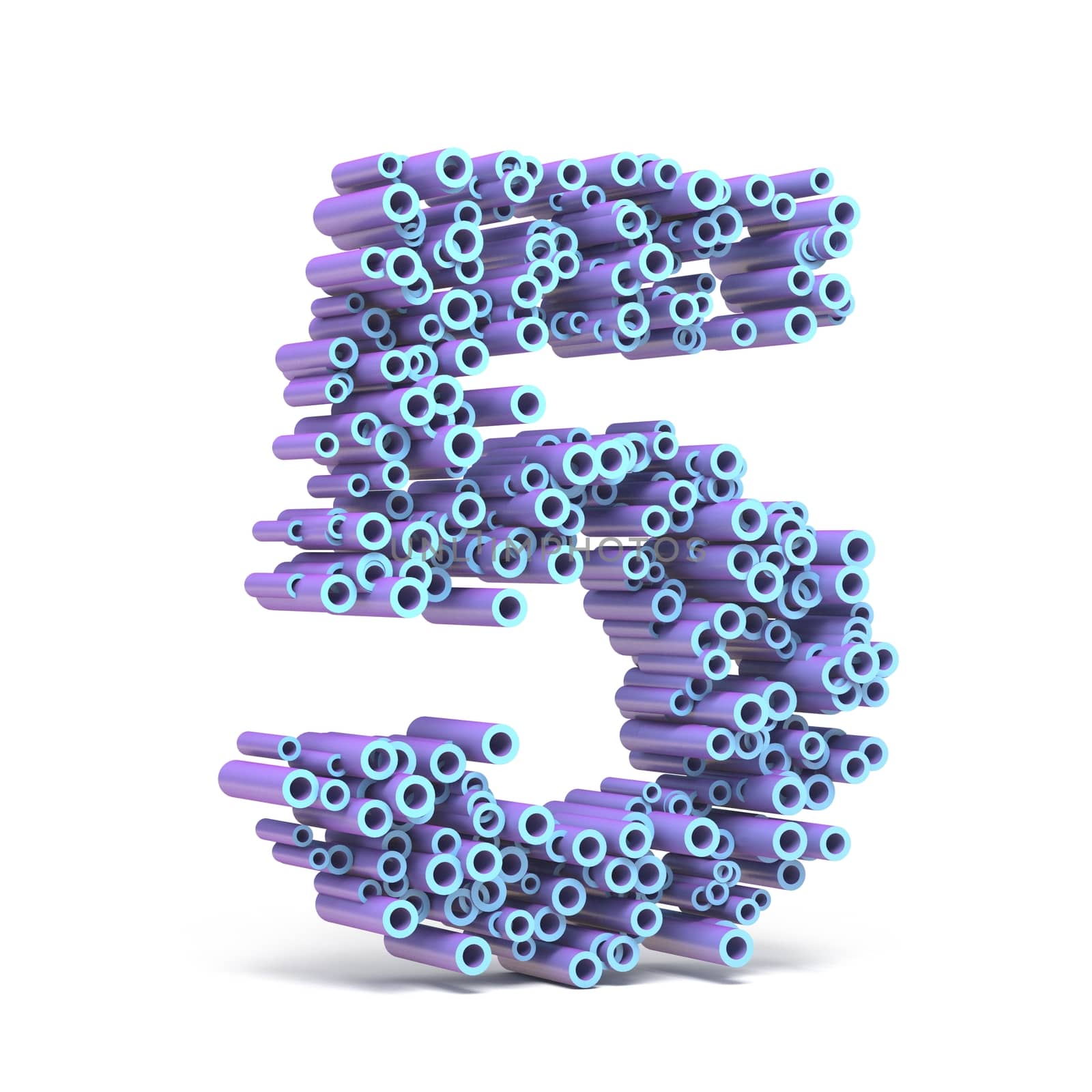 Purple blue font made of tubes NUMBER FIVE 5 3D render illustration isolated on white background