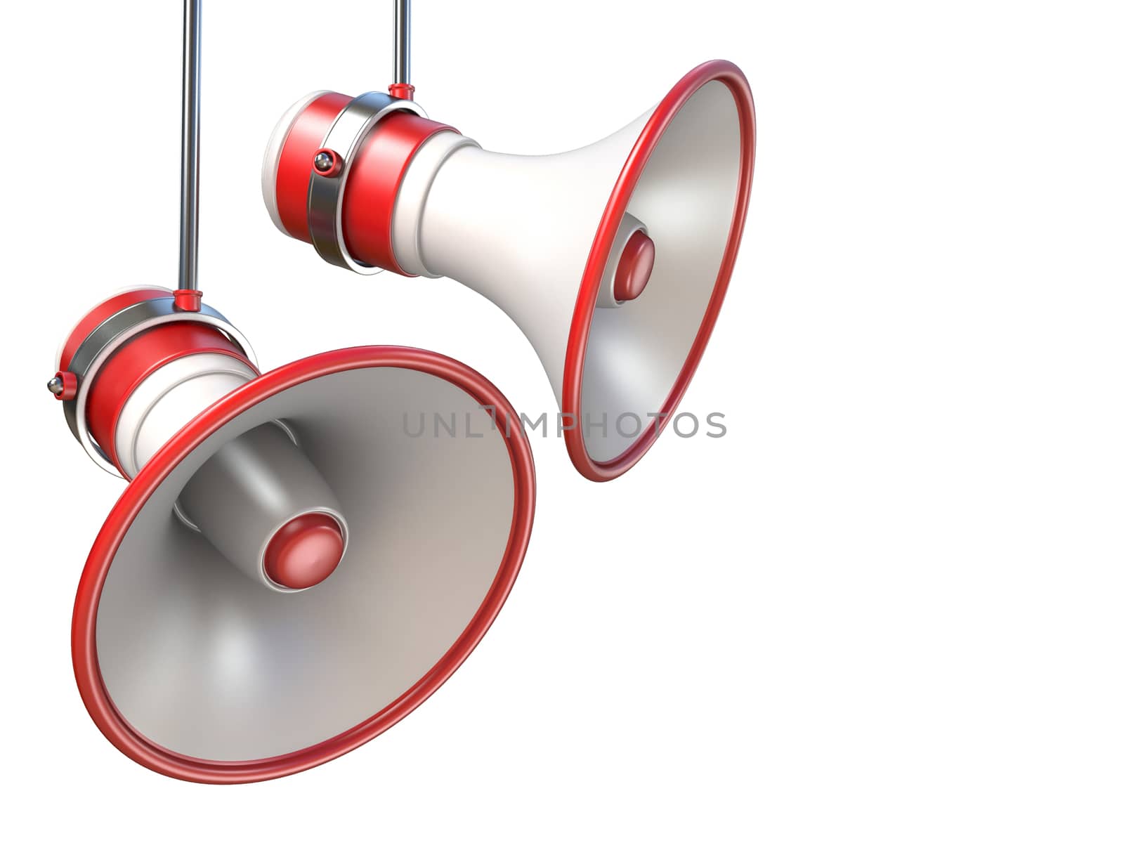 Two red and white megaphones 3D render illustration isolated on white background