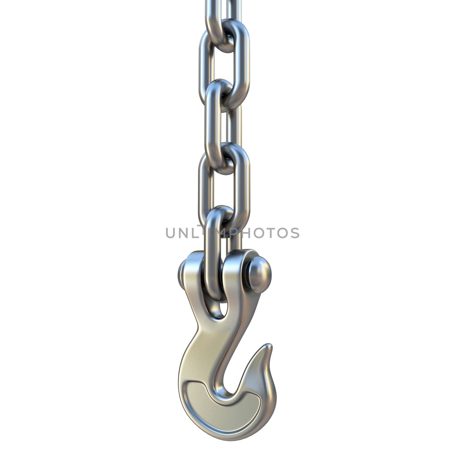 Silver hook and chain hanging 3D render illustration isolated on white background