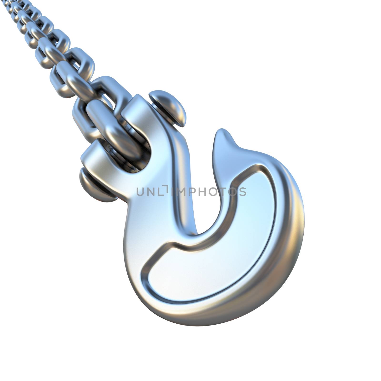 Silver hook and chain diagonal 3D render illustration isolated on white background