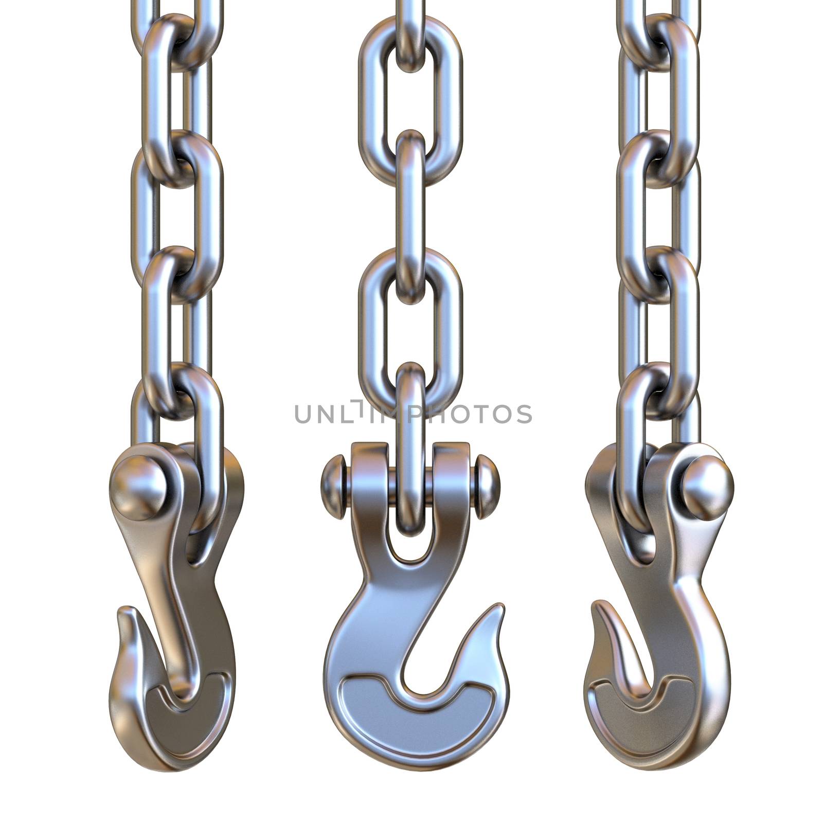 Three silver hook and chain 3D render illustration isolated on white background