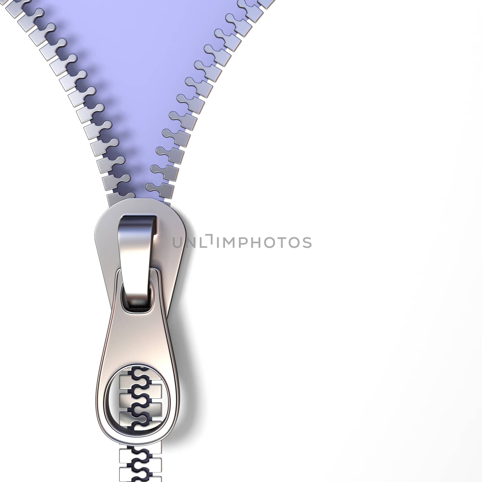 Metal zipper on purple background vertical 3D render illustration isolated on white
