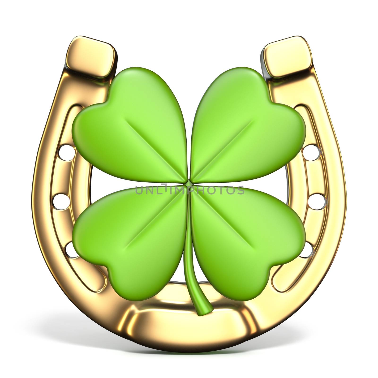 Lucky symbols horse-shoe and four-leaf clover Front view 3D render illustration isolated on white background
