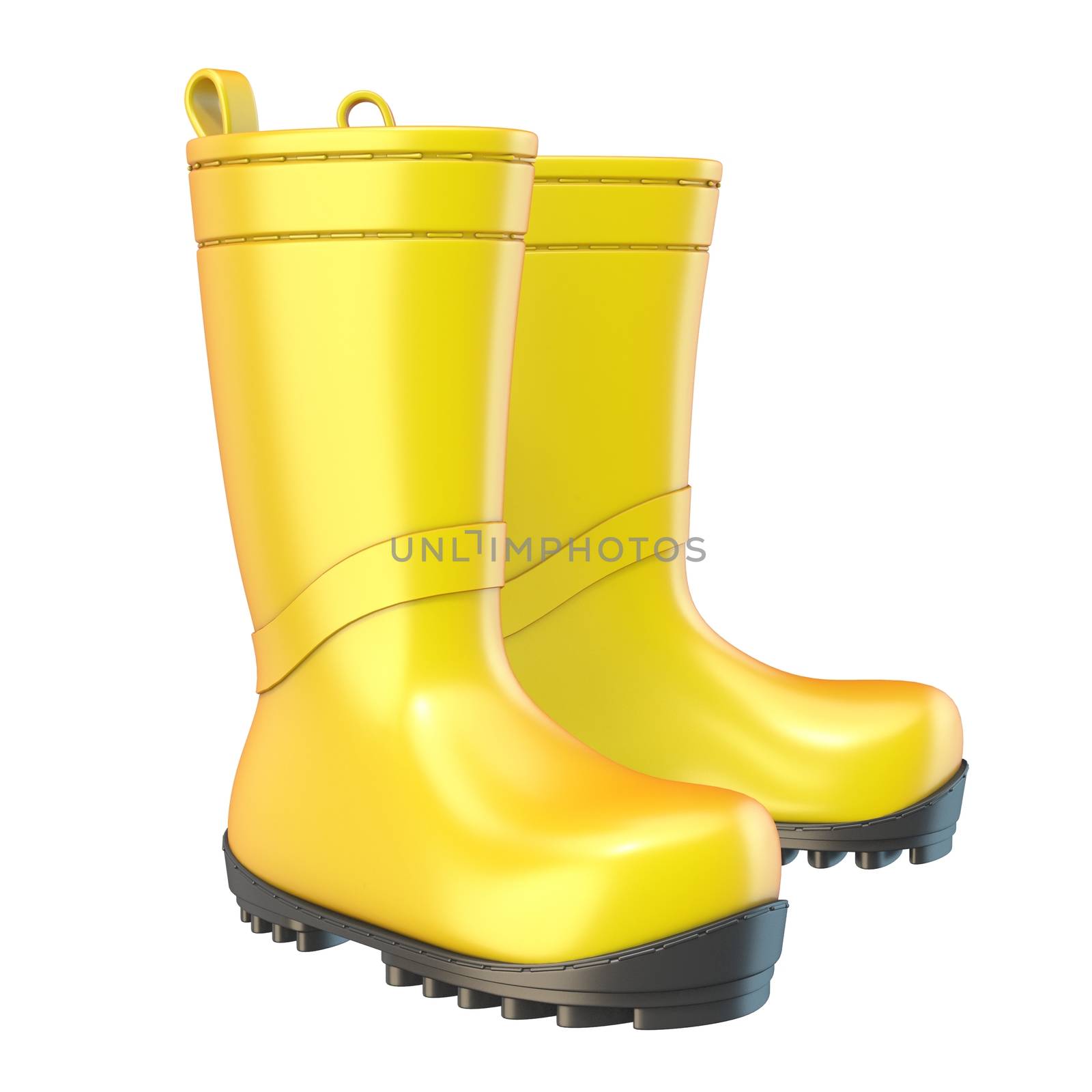 Yellow rain boots 3D render illustration isolated on white background