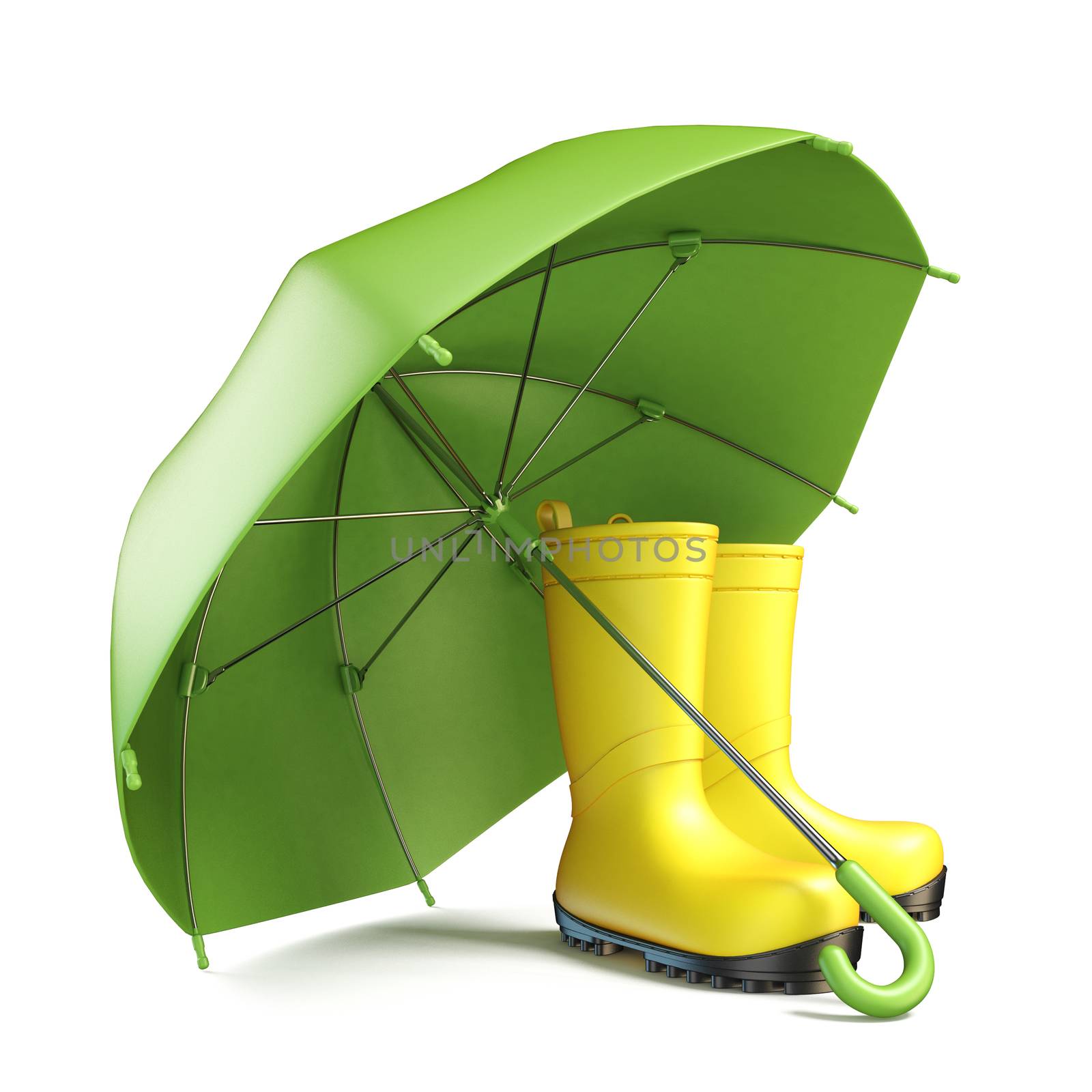 Pair of yellow rain boots and a green umbrella 3D render illustration isolated on white background