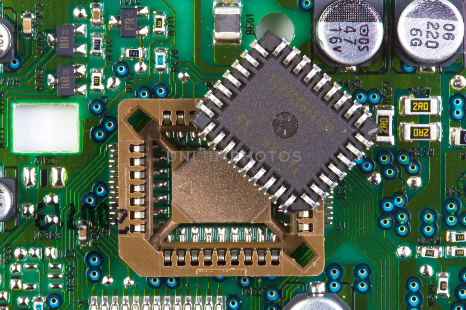 Microprocessor socket on green printed circuit board