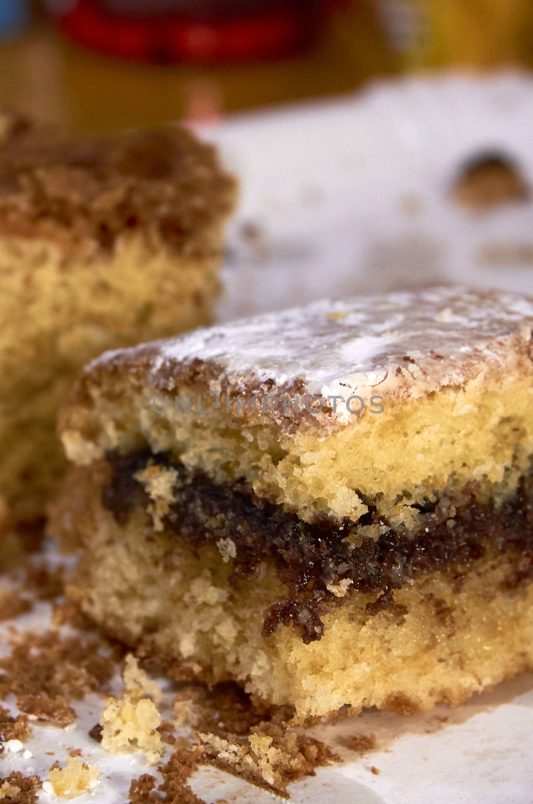 Homemade sponge cake filled with chocolate, in Valencian "COCA DE LLANDA"