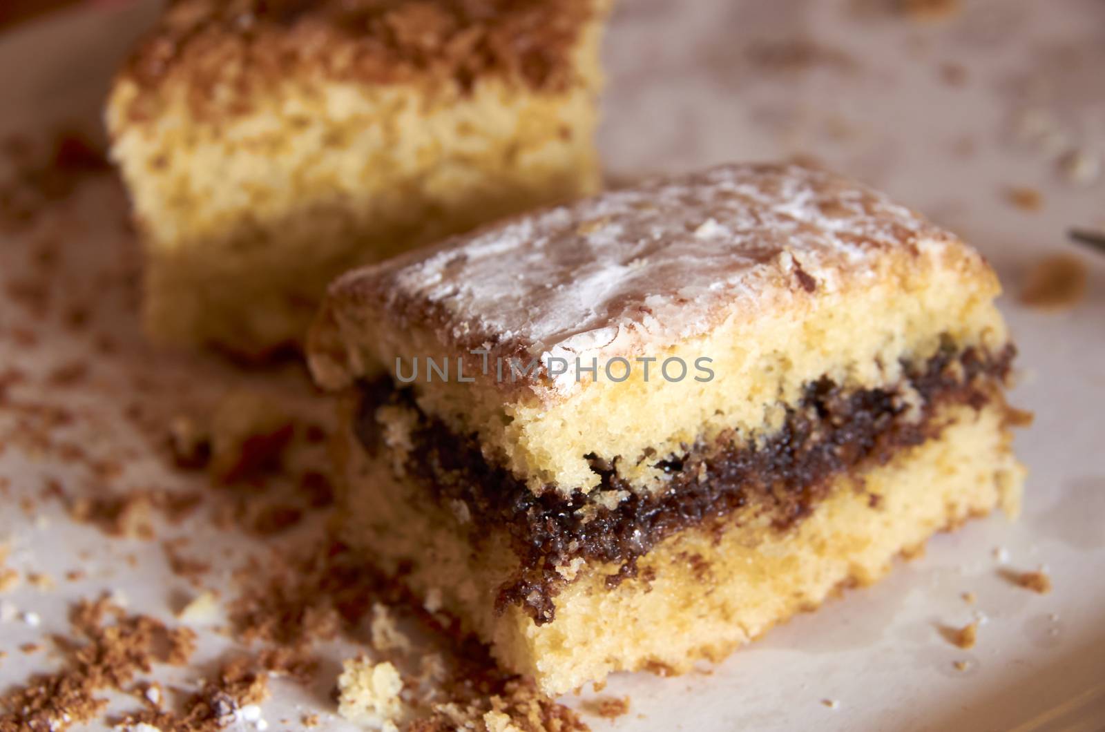 Homemade sponge cake filled with chocolate, in Valencian "COCA DE LLANDA"