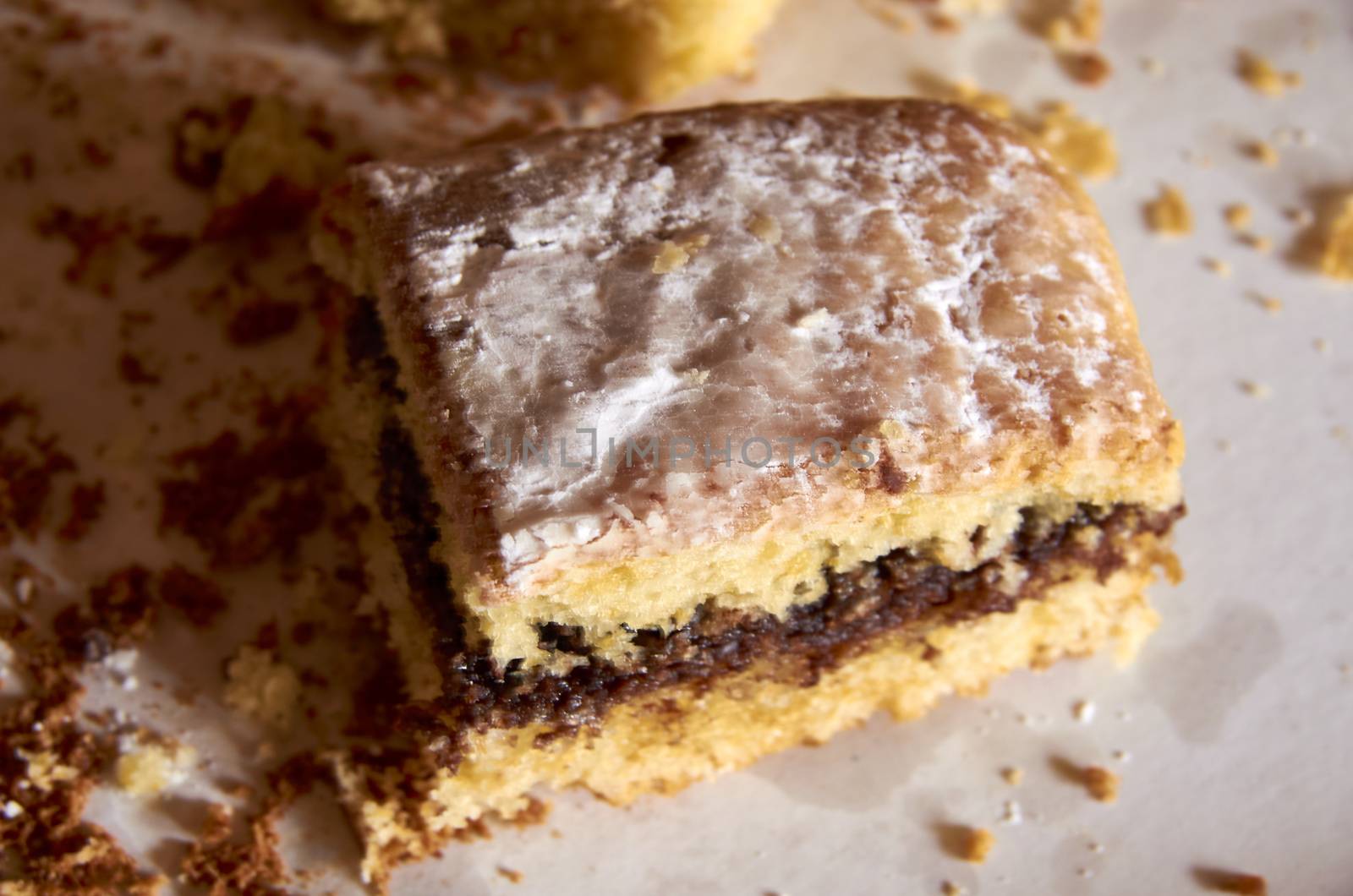 Homemade sponge cake filled with chocolate, in Valencian "COCA DE LLANDA"