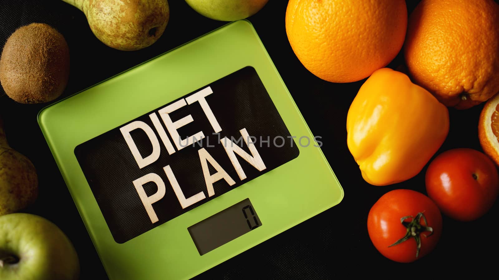 Concept diet. Healthy food, kitchen weight scale. Vegetables and fruits by natali_brill