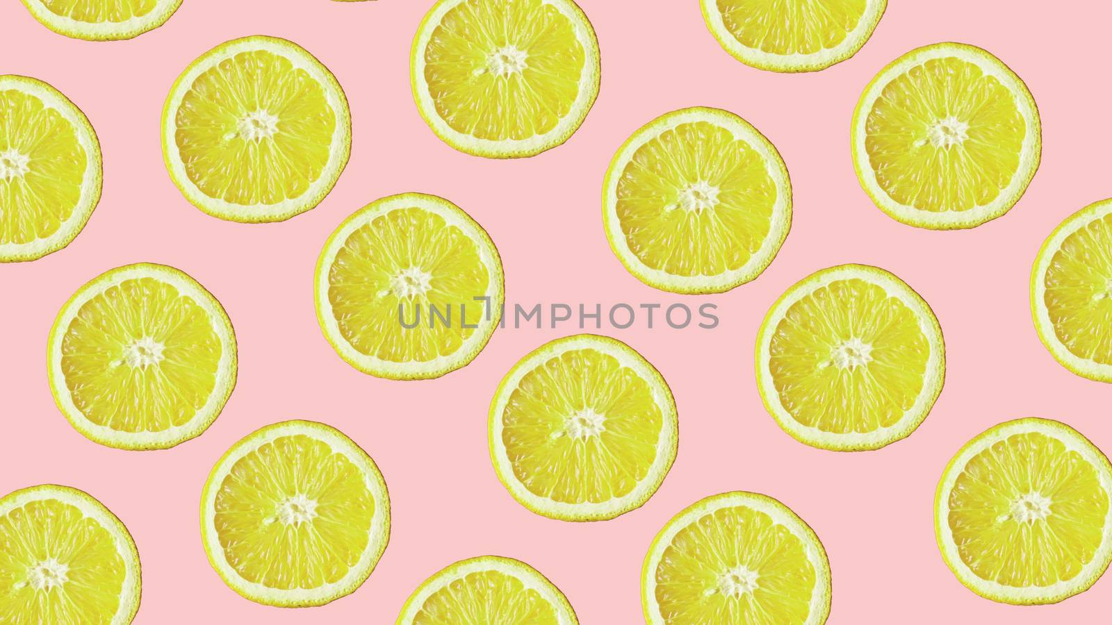 Top view of colorful fruit pattern of fresh lemon on modern pink background