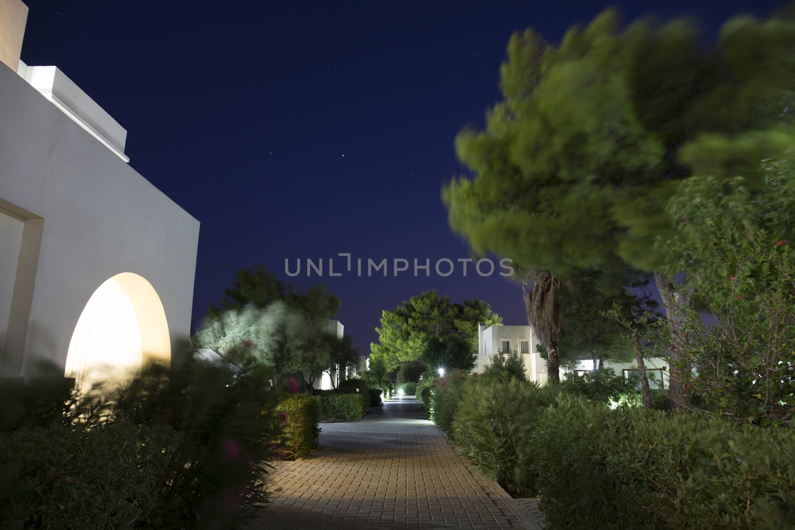 Hotel complex in greece, Crete, windy night