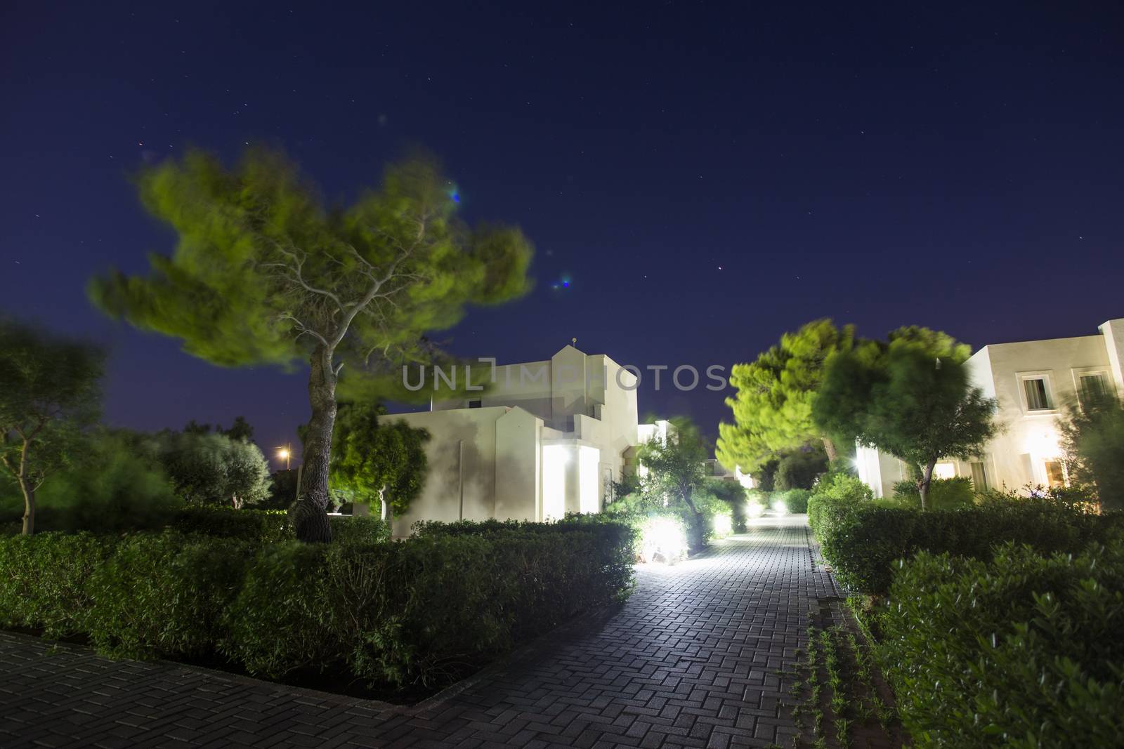 Hotel complex in greece, Crete, windy night